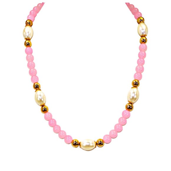Pink glass and white pearl bead necklace mixed with gold beads 20" - Picture 11 of 12